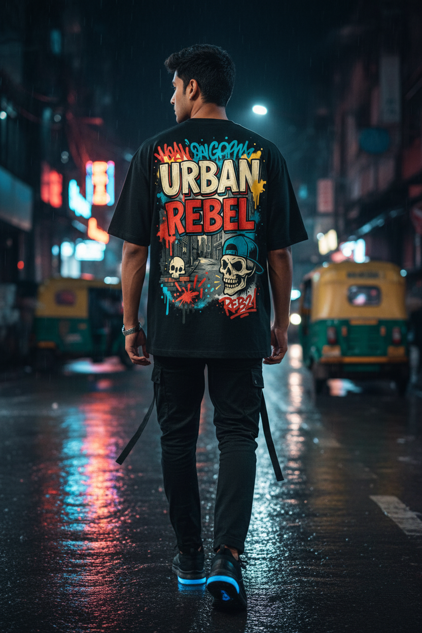 Urban Rebel Oversized Black T-Shirt - Graffiti Skulls Streetwear Tee