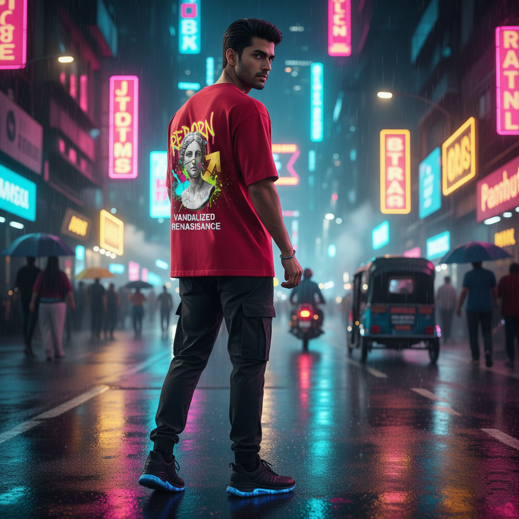 Vandalized Renaissance Red Oversized T-Shirt - Street Art Bust Graphic Tee