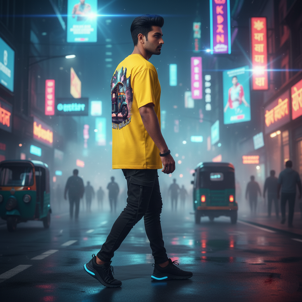 Cyber-Rickshaw Rider Oversized Yellow T-Shirt - Neon Gully Urban Tee