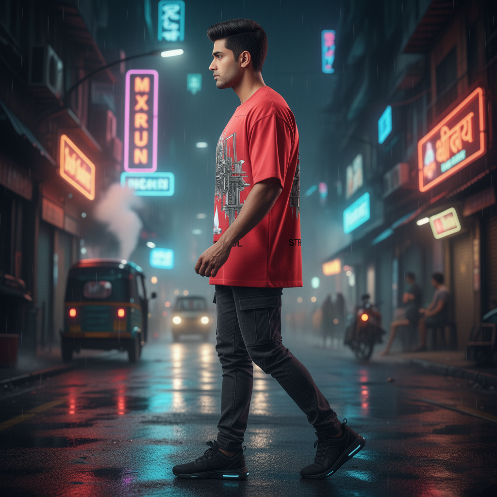 Red Industrial Serenity Oversized T-Shirt - Structure & Soul Urban Techwear Tee