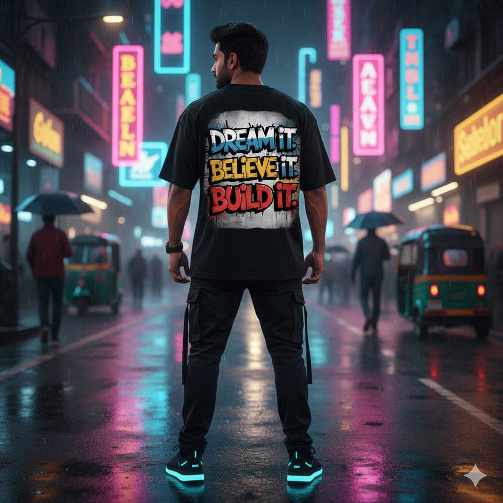 "Dream It. Believe It. Build It." Oversized Black T-Shirt - Ultimate Motivational Graphic Tee