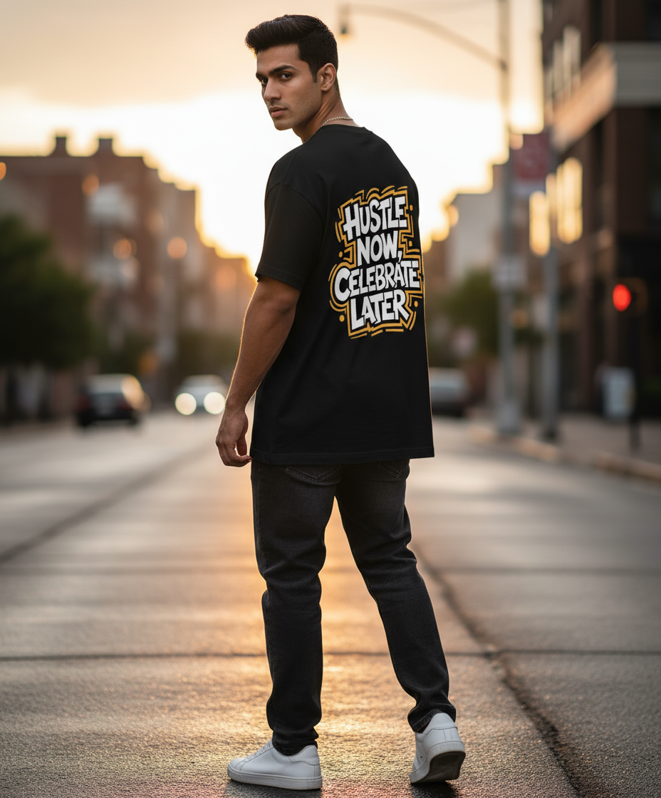 Oversized Black T-shirt – "Hustle Now, Celebrate Later" Motivational Back Print