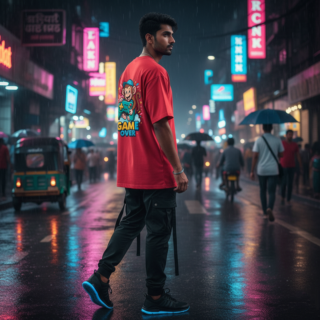 Game Over Monkey Gamer Oversized Red T-Shirt - Retro Gaming Streetwear