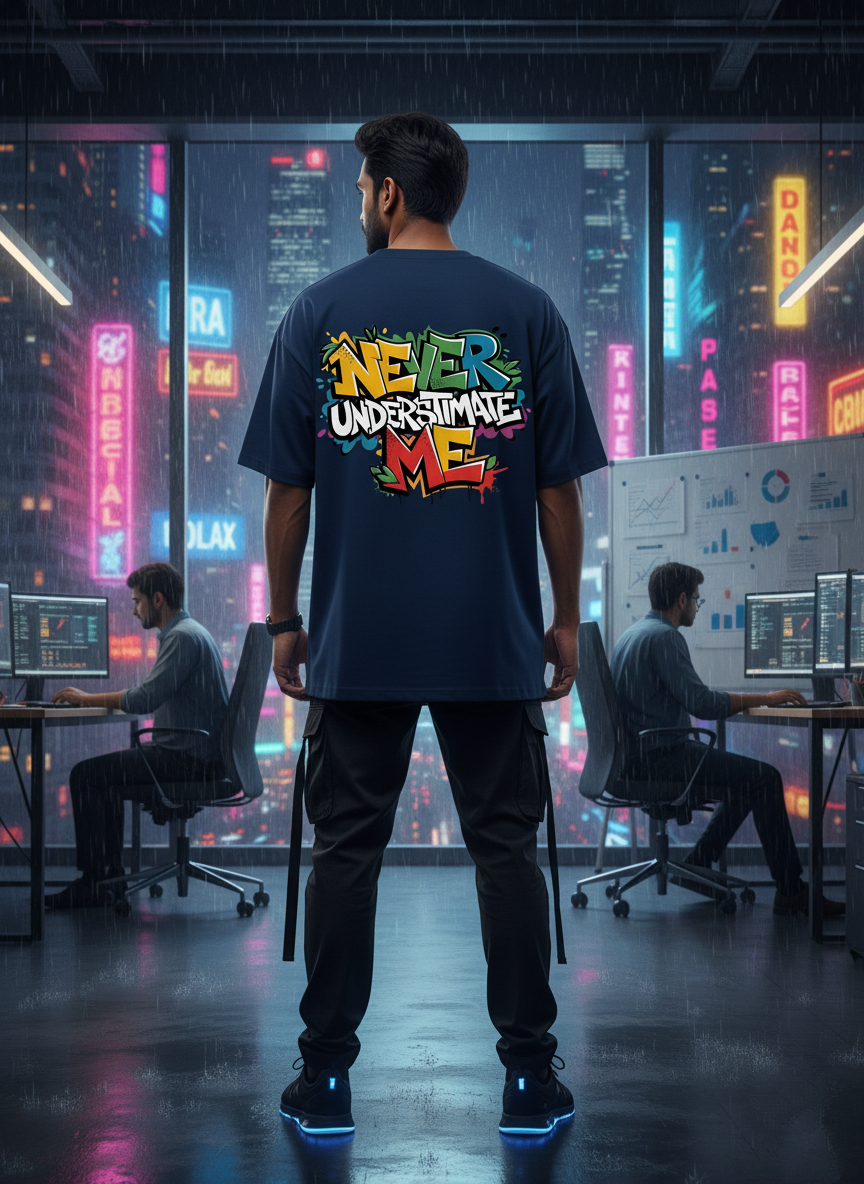 "NEVER UNDERESTIMATE ME" Oversized Navy T-Shirt - Bold Graffiti Challenger Tee