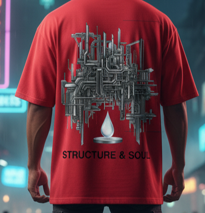Red Industrial Serenity Oversized T-Shirt - Structure & Soul Urban Techwear Tee