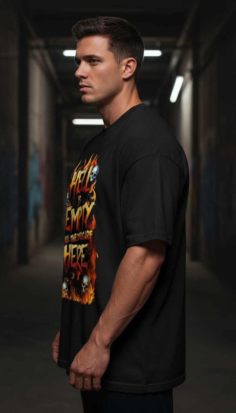 "Hell Is Empty All The Devils Are Here" Oversized Black T-Shirt - Fiery Skull Gothic Tee