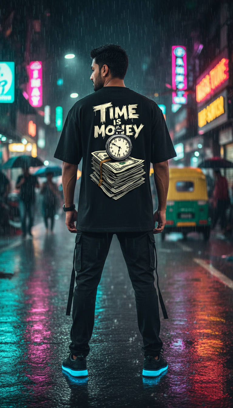 "TIME IS MONEY" Oversized Black T-Shirt - Entrepreneurial Motivation Tee