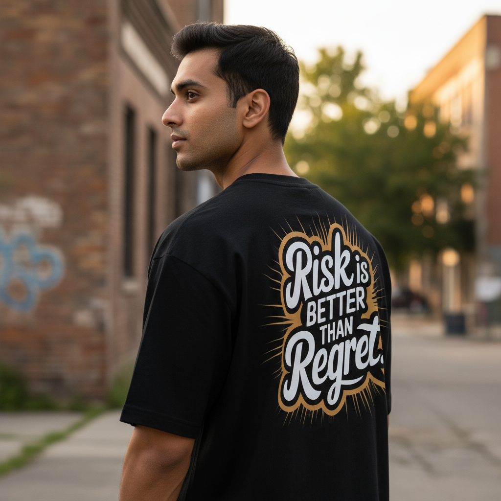 Oversized Black T-shirt – "Risk is Better than Regret" Inspiring Back Print