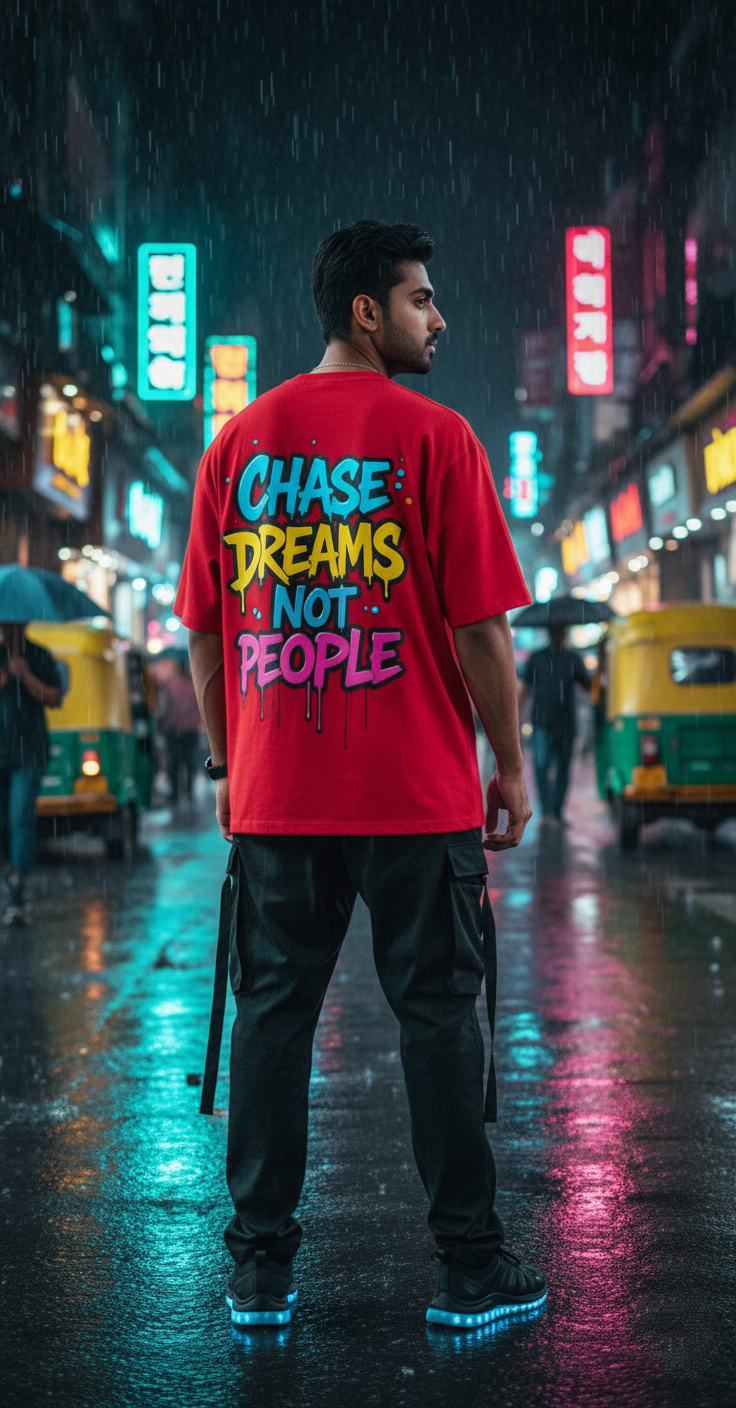 "CHASE DREAMS NOT PEOPLE" Oversized Red T-Shirt - Bold Graffiti Motivational Tee