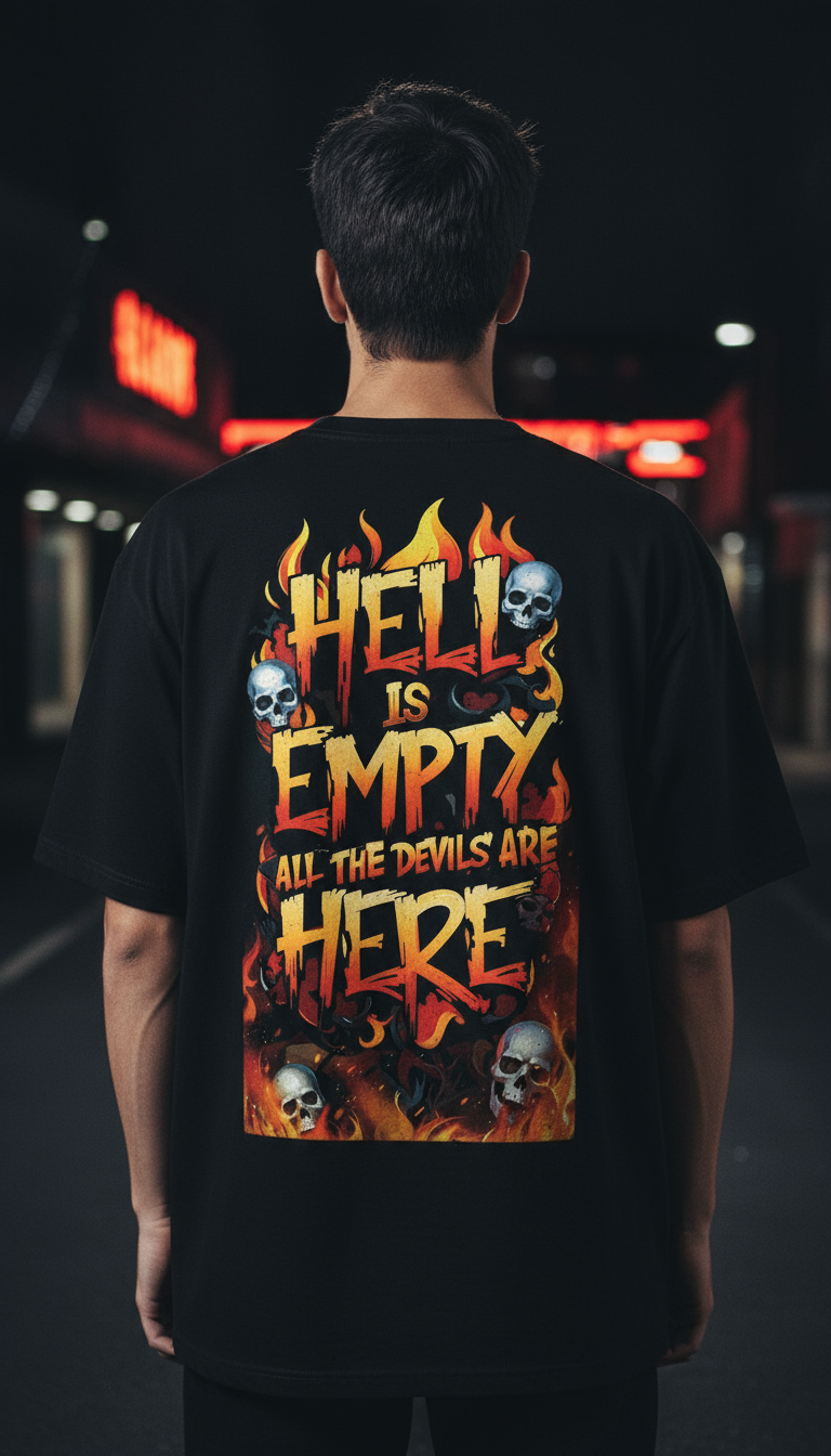 "Hell Is Empty All The Devils Are Here" Oversized Black T-Shirt - Fiery Skull Gothic Tee