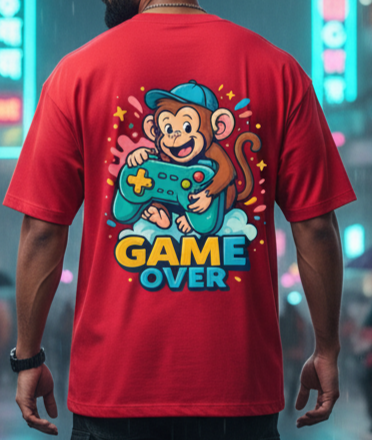 Game Over Monkey Gamer Oversized Red T-Shirt - Retro Gaming Streetwear
