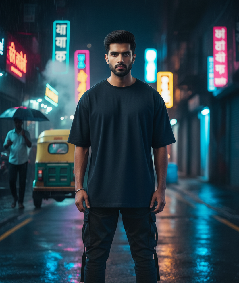 Street Artist Oversized Navy T-Shirt - Graffiti Urban Alley Back Print