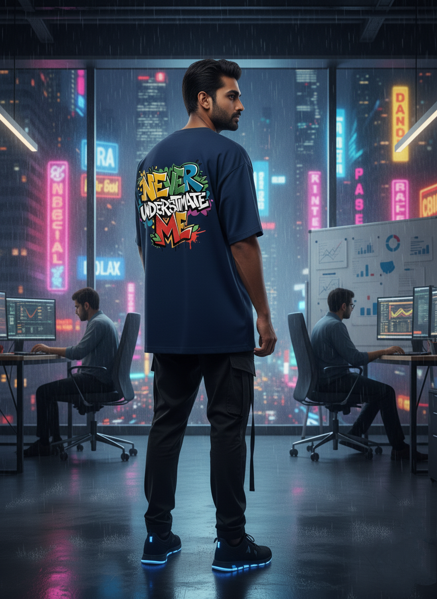 "NEVER UNDERESTIMATE ME" Oversized Navy T-Shirt - Bold Graffiti Challenger Tee