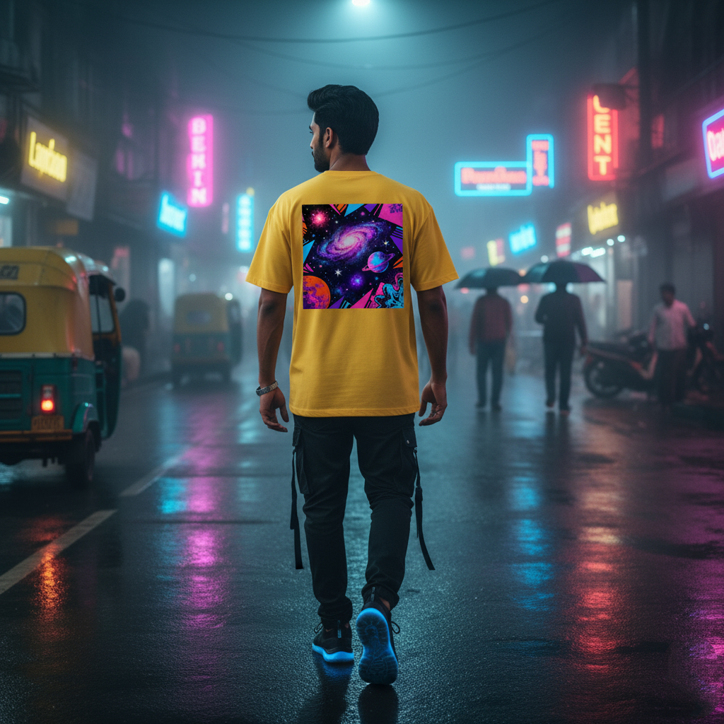 Galactic Rave Oversized Yellow T-Shirt - Cosmic Vibe Streetwear Tee