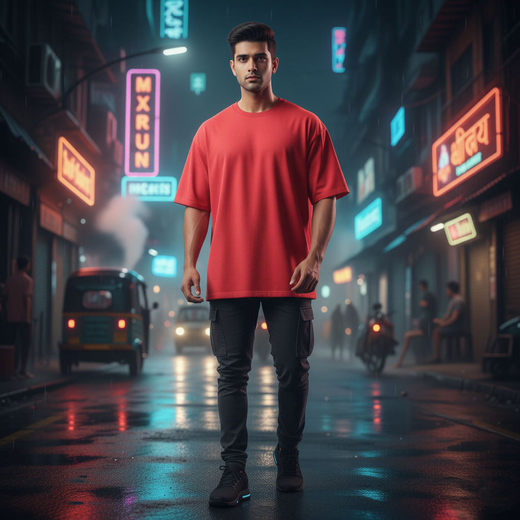 Red Industrial Serenity Oversized T-Shirt - Structure & Soul Urban Techwear Tee