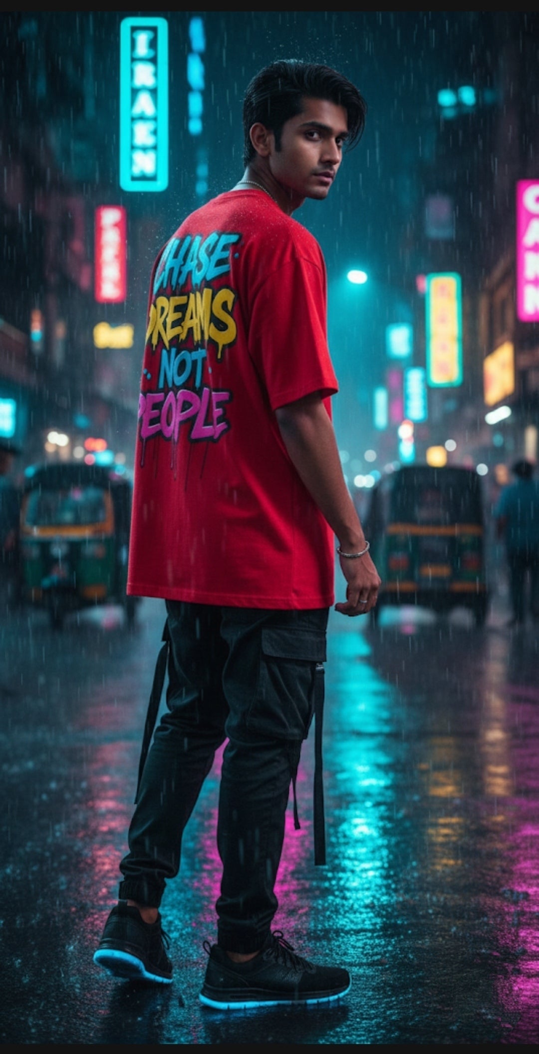 "CHASE DREAMS NOT PEOPLE" Oversized Red T-Shirt - Bold Graffiti Motivational Tee