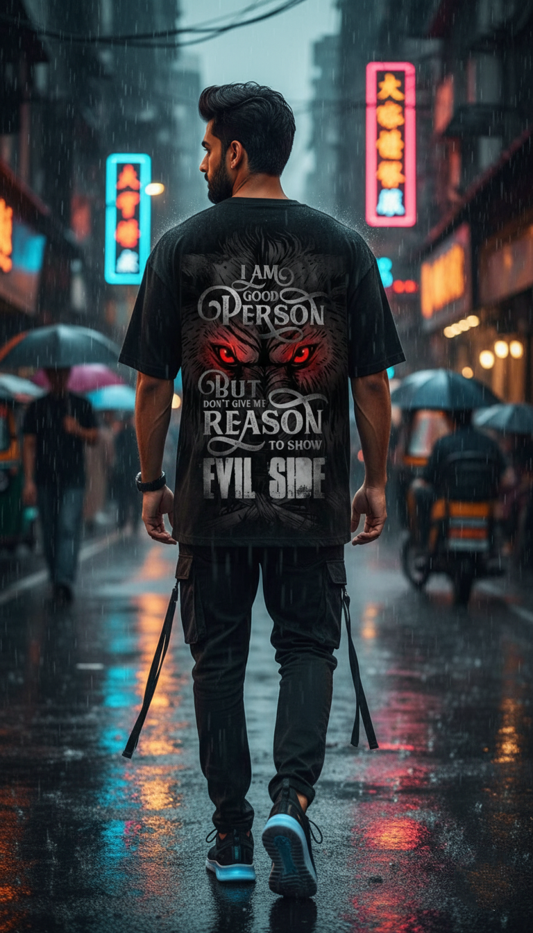 "Good Person, Evil Side" Oversized Black T-Shirt - Fierce Wolf Back Print