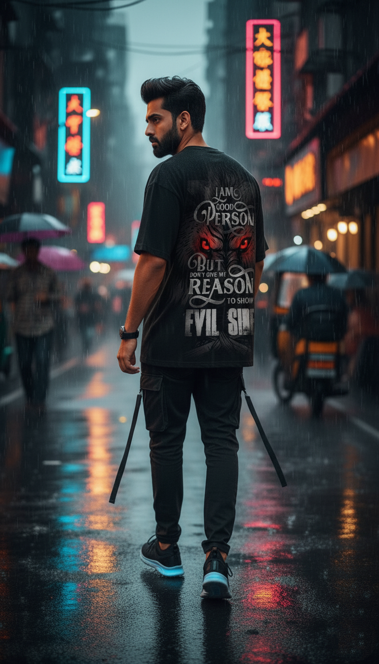"Good Person, Evil Side" Oversized Black T-Shirt - Fierce Wolf Back Print
