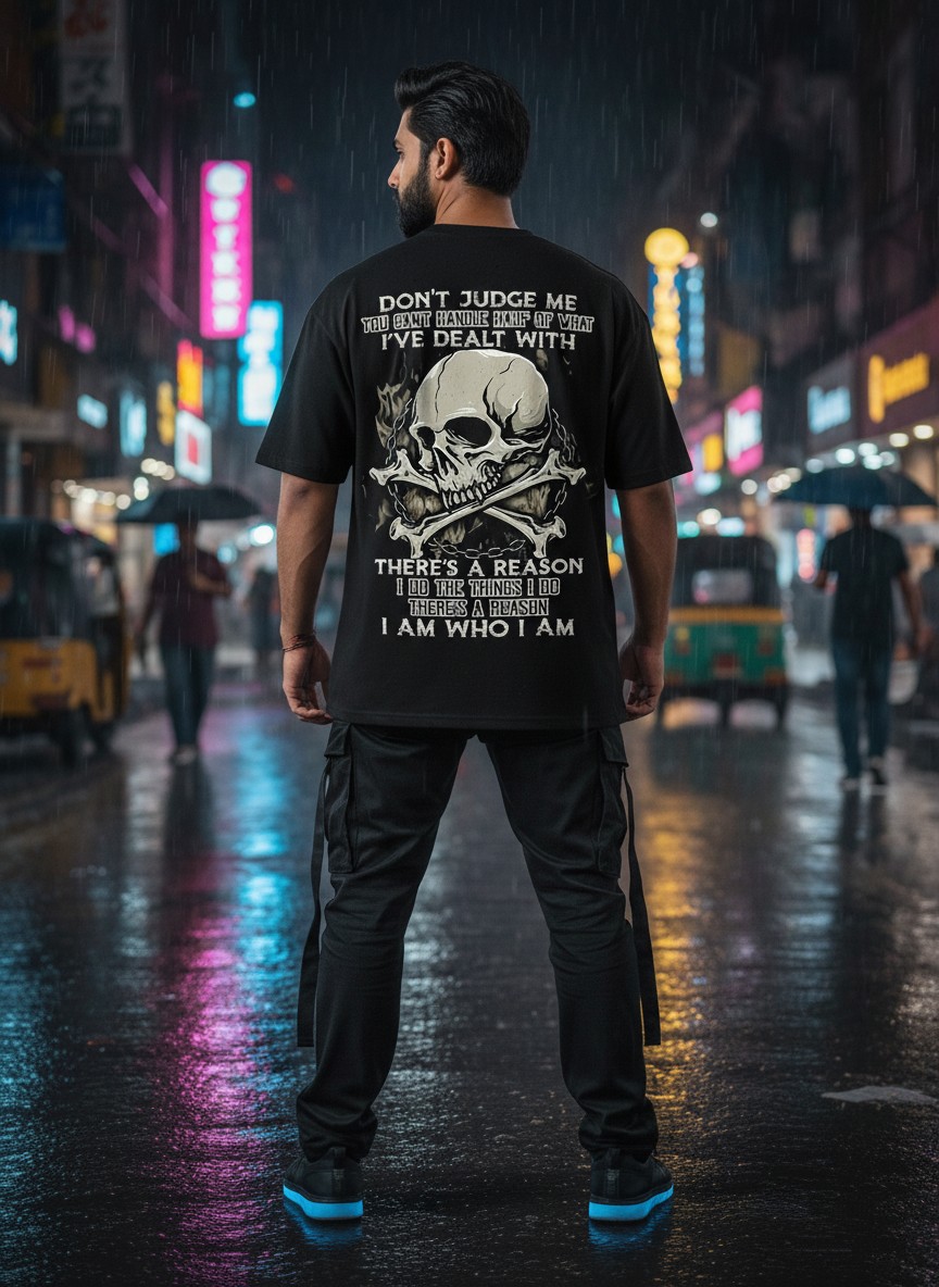 "Don't Judge Me" Oversized Black T-Shirt - Skull & Bones Resilient Statement Tee