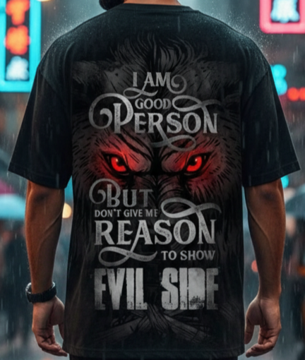 "Good Person, Evil Side" Oversized Black T-Shirt - Fierce Wolf Back Print