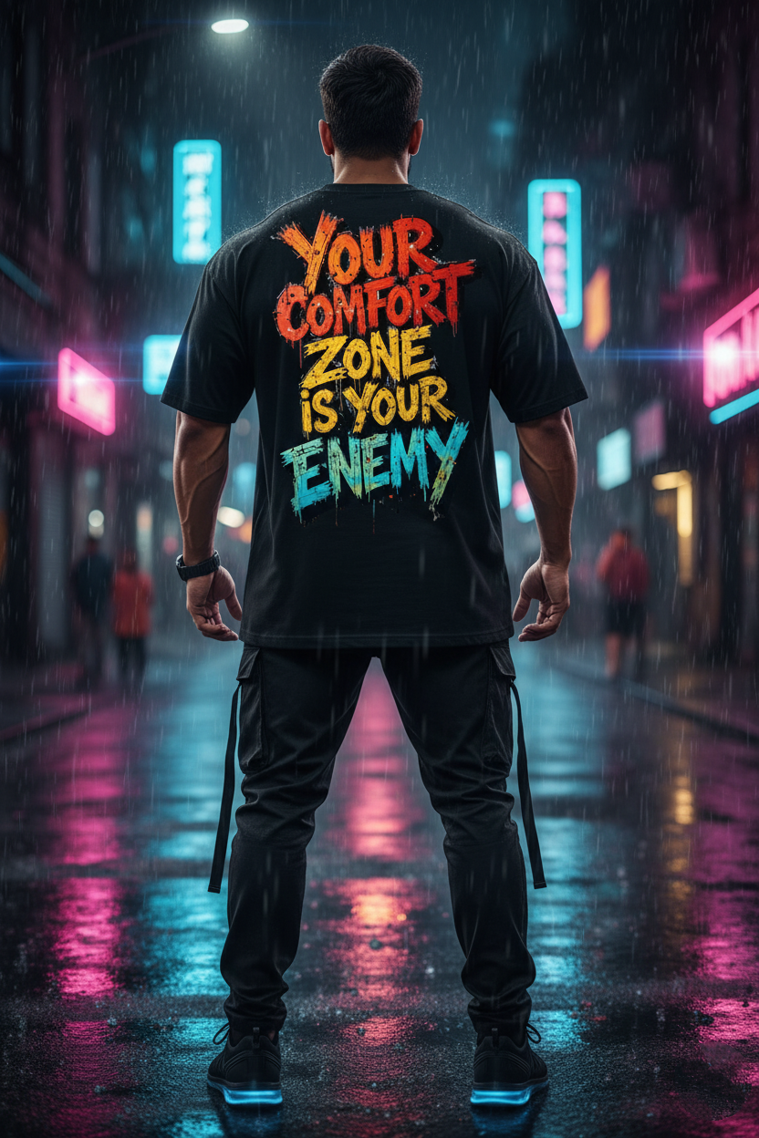 "Your Comfort Zone Is Your Enemy" Oversized Black T-Shirt