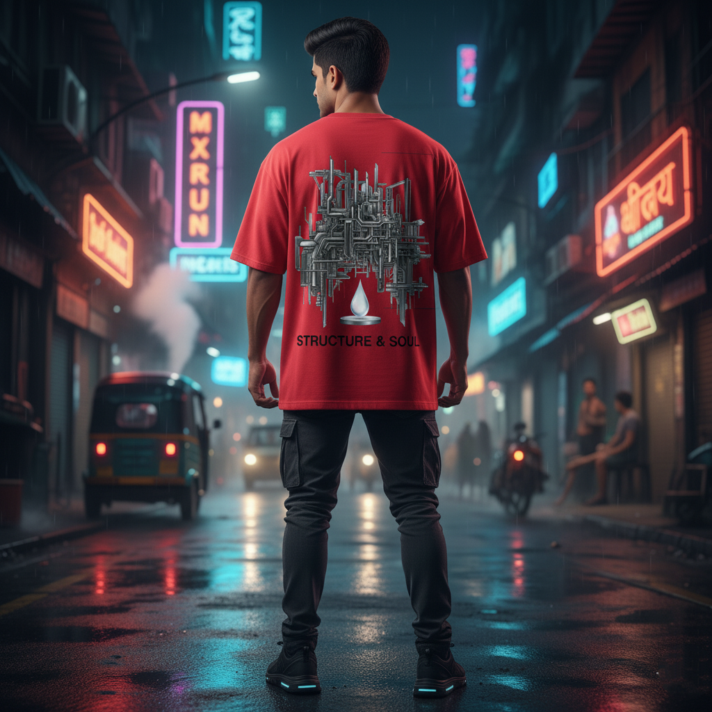 Red Industrial Serenity Oversized T-Shirt - Structure & Soul Urban Techwear Tee