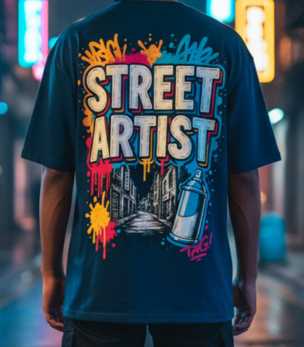 Street Artist Oversized Navy T-Shirt - Graffiti Urban Alley Back Print