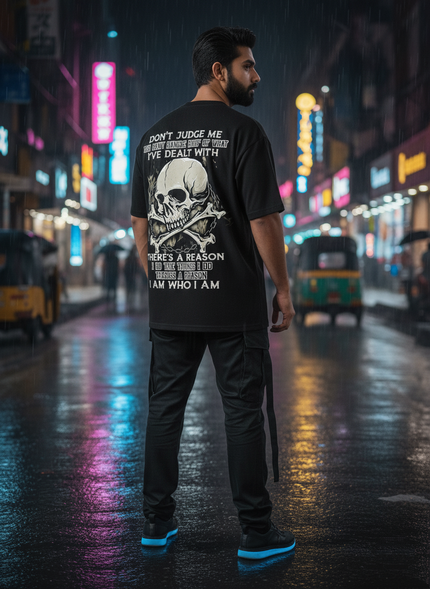 "Don't Judge Me" Oversized Black T-Shirt - Skull & Bones Resilient Statement Tee