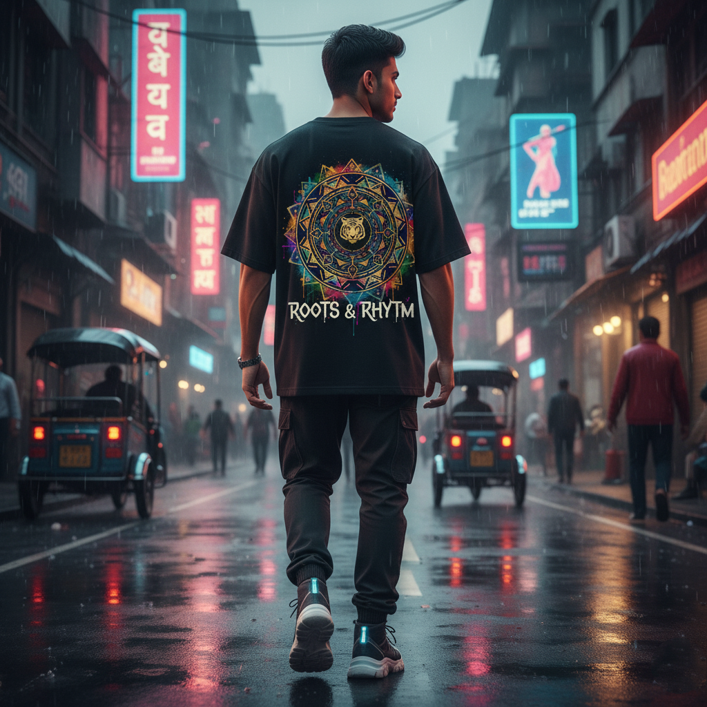 Black Urban Mandala Streetwear Tee - Roots & Rhythm | Indian Inspired Oversized T-Shirt