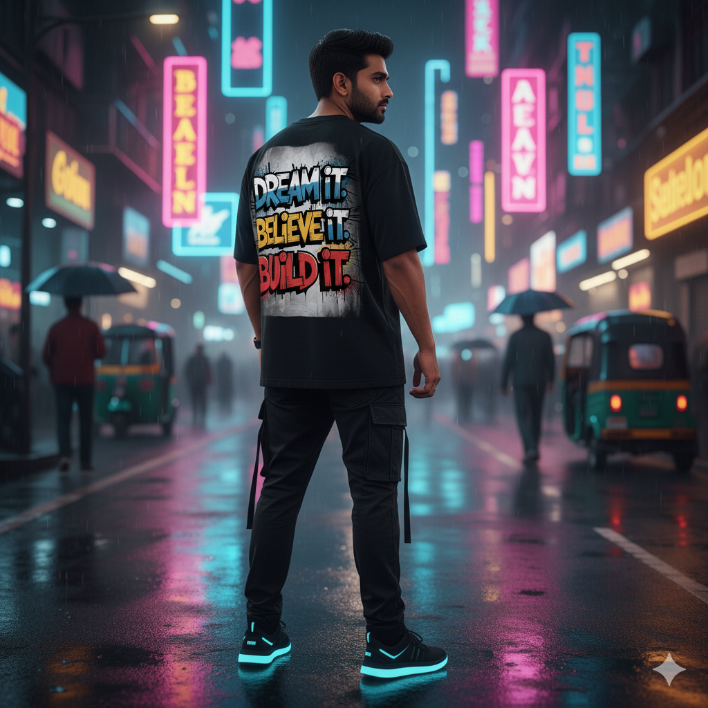 "Dream It. Believe It. Build It." Oversized Black T-Shirt - Ultimate Motivational Graphic Tee