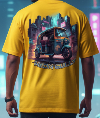 Cyber-Rickshaw Rider Oversized Yellow T-Shirt - Neon Gully Urban Tee