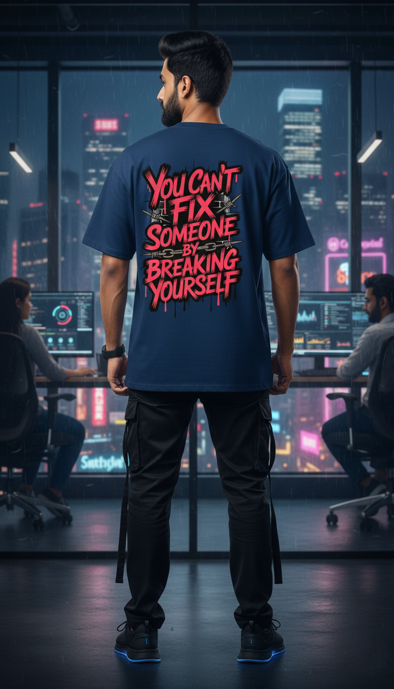 "Can't Fix Someone By Breaking Yourself" Oversized Navy T-Shirt - Self-Care & Boundaries Tee