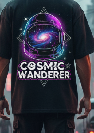 Cosmic Wanderer Oversized Black T-Shirt - Galaxy Astronaut Streetwear Tee
