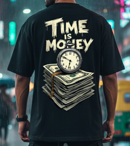 "TIME IS MONEY" Oversized Black T-Shirt - Entrepreneurial Motivation Tee