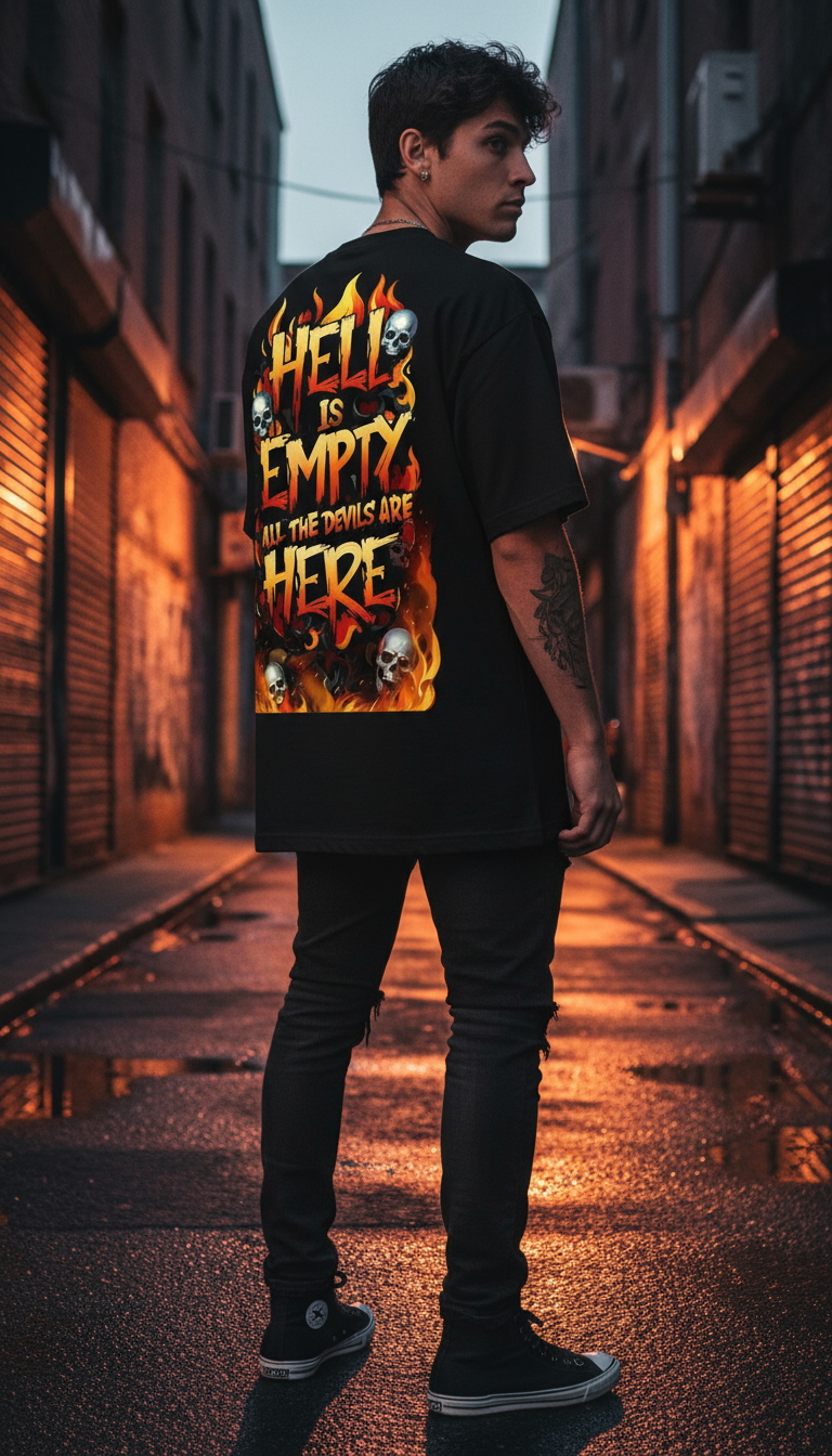 "Hell Is Empty All The Devils Are Here" Oversized Black T-Shirt - Fiery Skull Gothic Tee