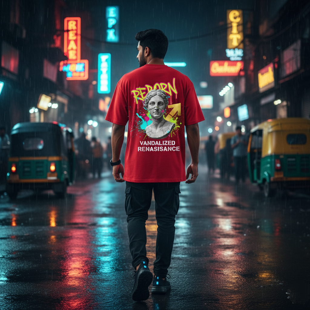 Vandalized Renaissance Red Oversized T-Shirt - Street Art Bust Graphic Tee