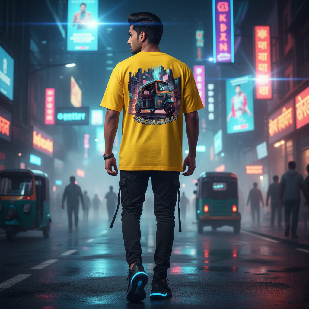 Cyber-Rickshaw Rider Oversized Yellow T-Shirt - Neon Gully Urban Tee