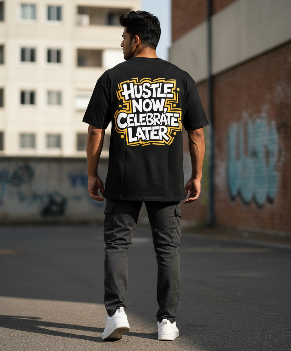 Oversized Black T-shirt – "Hustle Now, Celebrate Later" Motivational Back Print