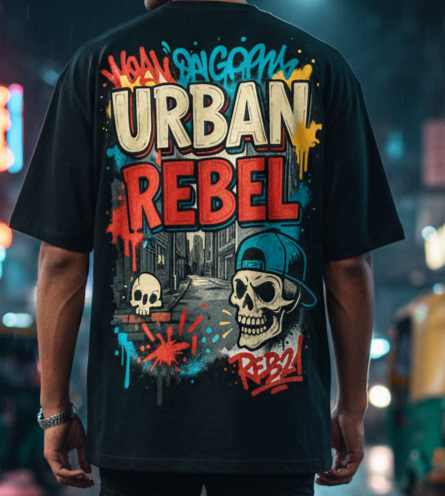 Urban Rebel Oversized Black T-Shirt - Graffiti Skulls Streetwear Tee