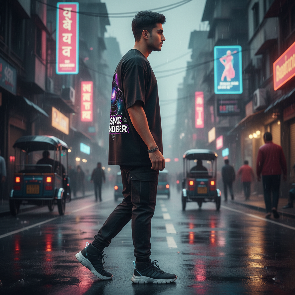 Cosmic Wanderer Oversized Black T-Shirt - Galaxy Astronaut Streetwear Tee