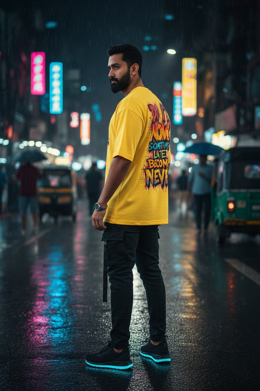 "DO IT NOW: Sometimes Later Becomes Never" Oversized Yellow T-Shirt