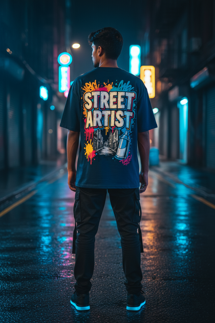 Street Artist Oversized Navy T-Shirt - Graffiti Urban Alley Back Print