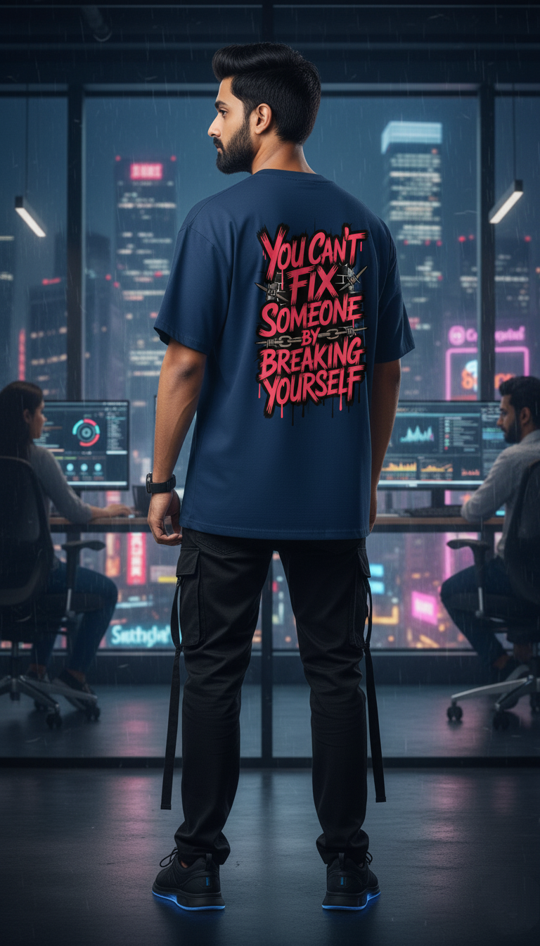 "Can't Fix Someone By Breaking Yourself" Oversized Navy T-Shirt - Self-Care & Boundaries Tee