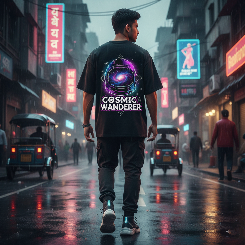 Cosmic Wanderer Oversized Black T-Shirt - Galaxy Astronaut Streetwear Tee