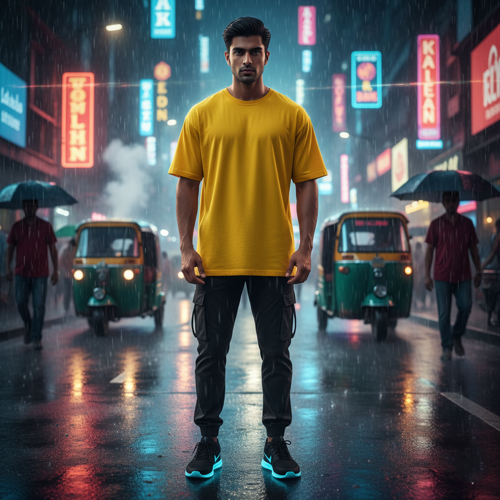 Cyber-Rickshaw Rider Oversized Yellow T-Shirt - Neon Gully Urban Tee