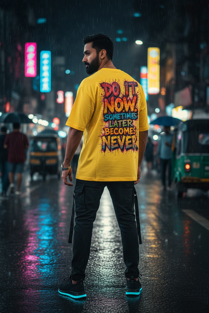 "DO IT NOW: Sometimes Later Becomes Never" Oversized Yellow T-Shirt