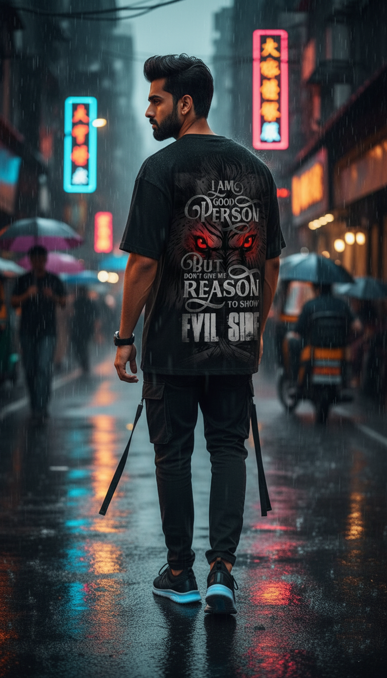 "Good Person, Evil Side" Oversized Black T-Shirt - Fierce Wolf Back Print