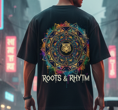 Black Urban Mandala Streetwear Tee - Roots & Rhythm | Indian Inspired Oversized T-Shirt