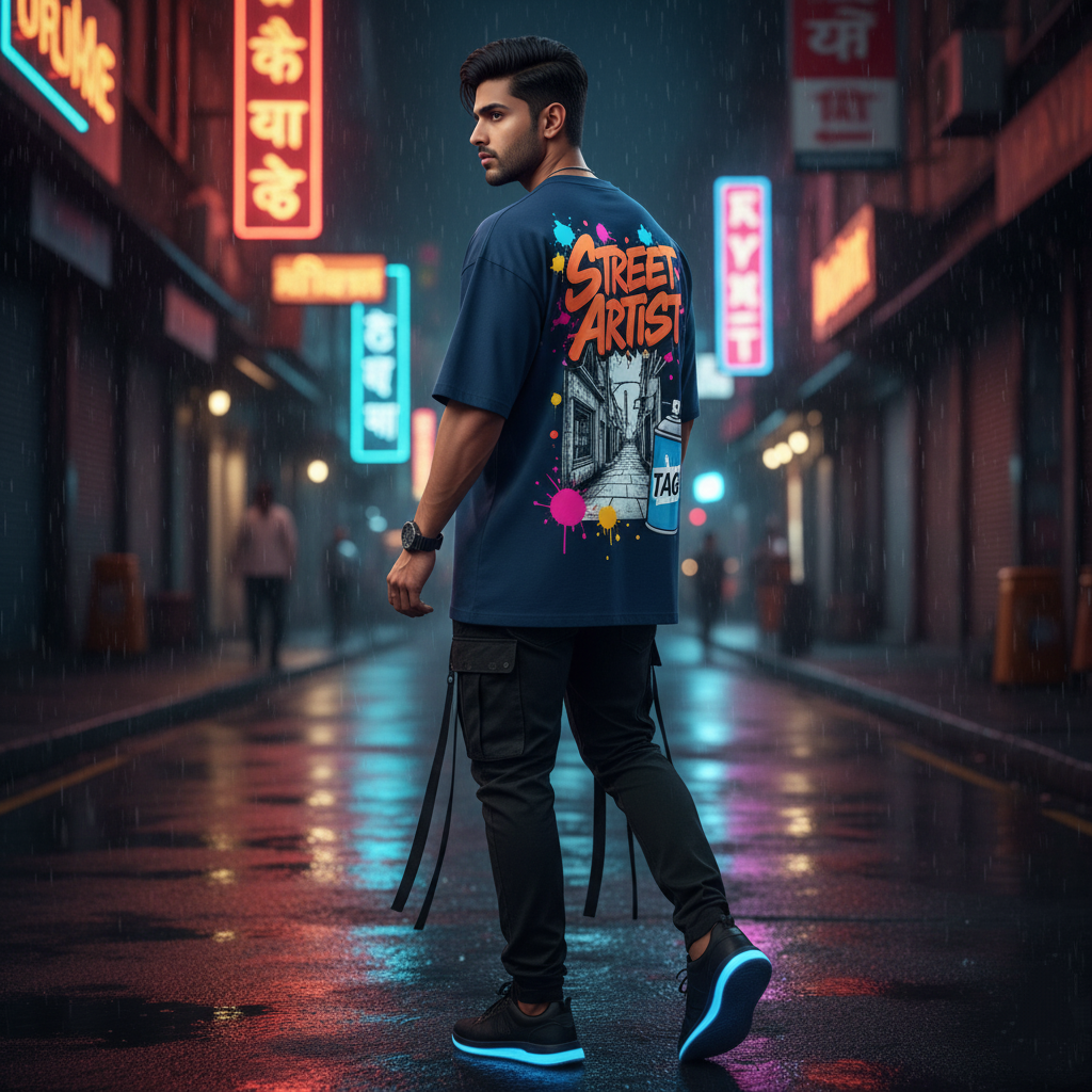 Street Artist Oversized Navy T-Shirt - Graffiti Urban Alley Back Print