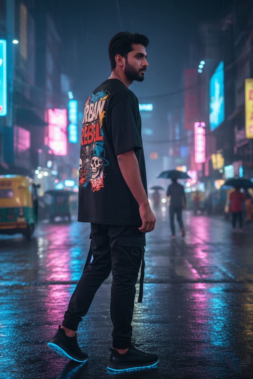 Urban Rebel Oversized Black T-Shirt - Graffiti Skulls Streetwear Tee